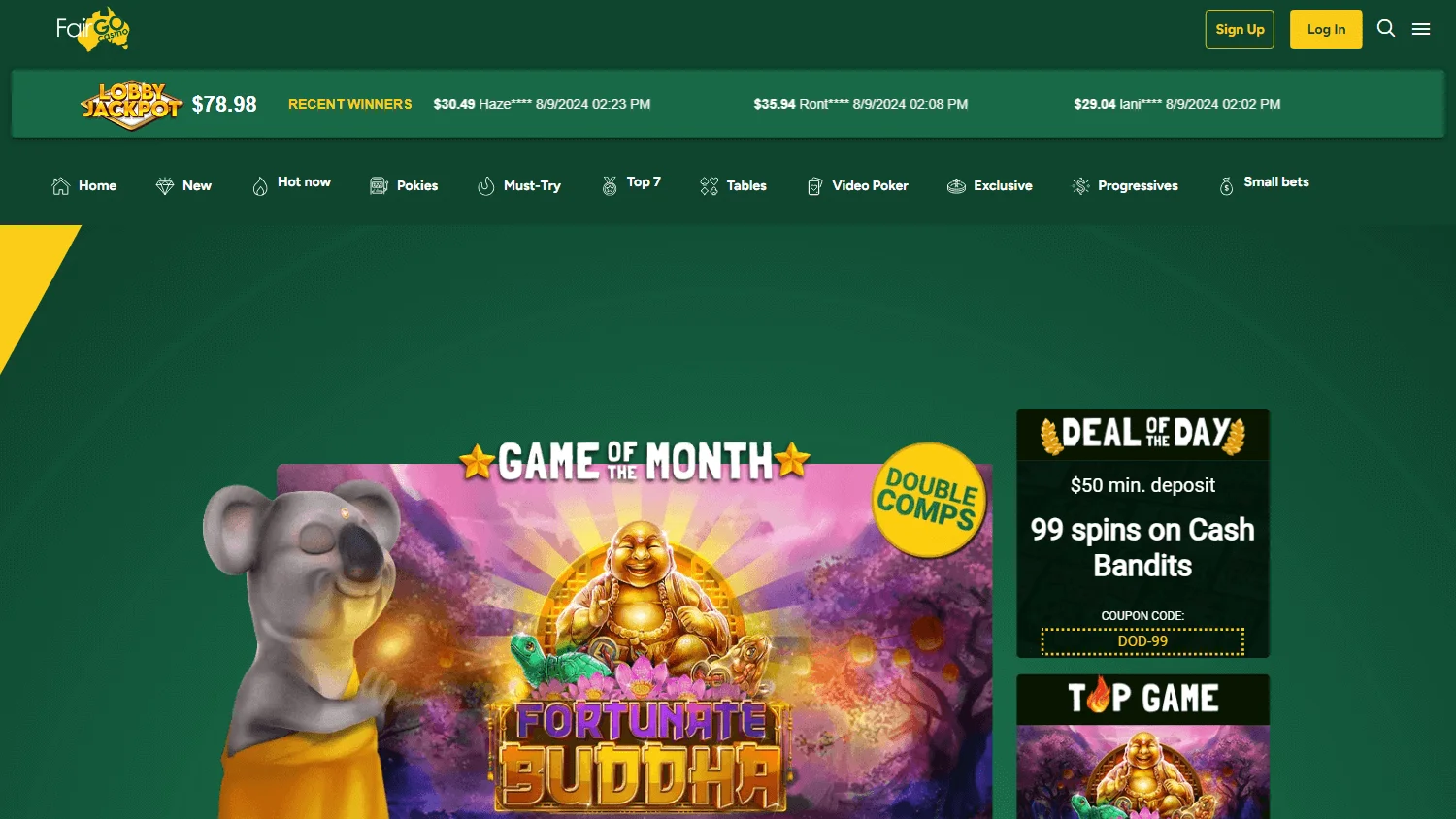 Fair Go Casino desktop home screen with casino games and account options