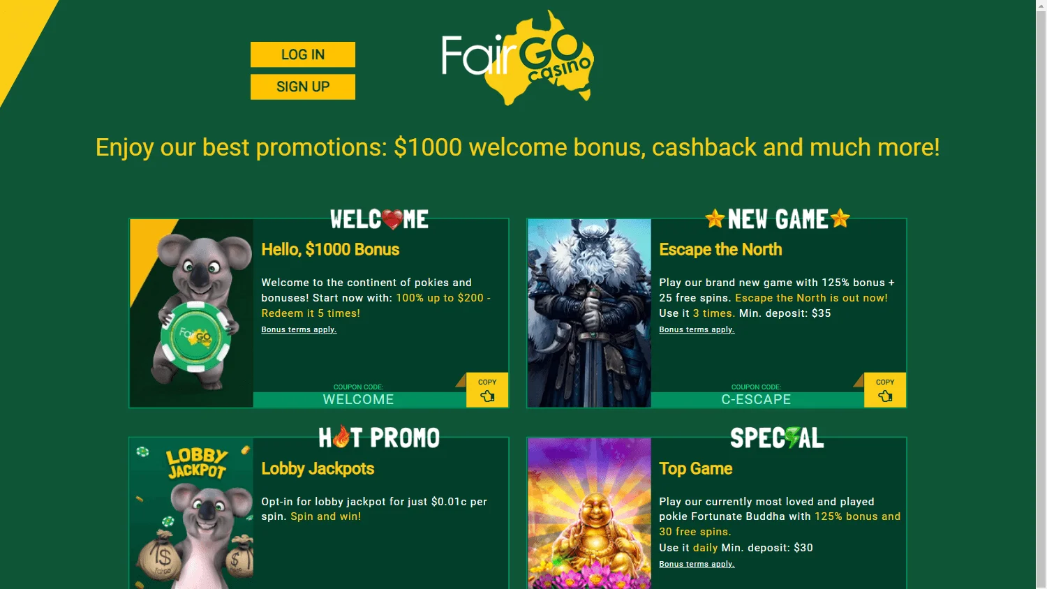 Fair Go Casino desktop promotions screen with bonuses and free spins