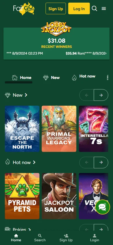 Fair Go Casino mobile browser home screen on a smartphone