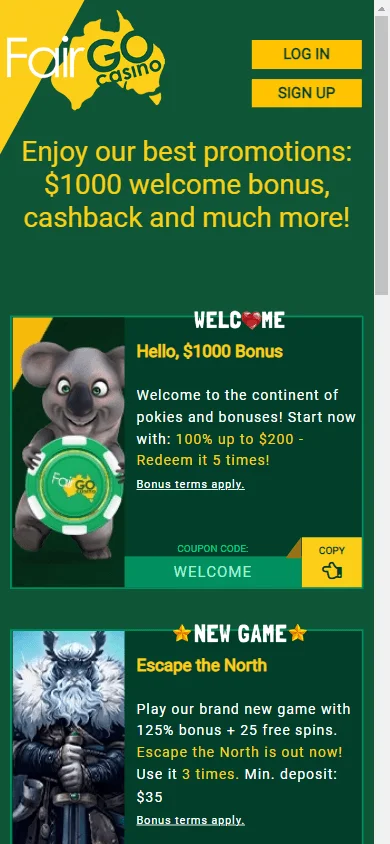 Fair Go Casino mobile promotions screen with available rewards